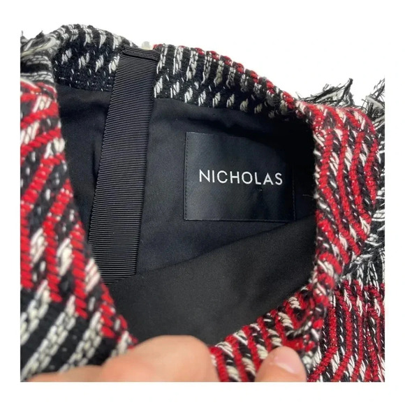 NICHOLAS Fringe Tweed Red Black Stripe Cotton Wool Woven Zip Top - Picture 7 of 15